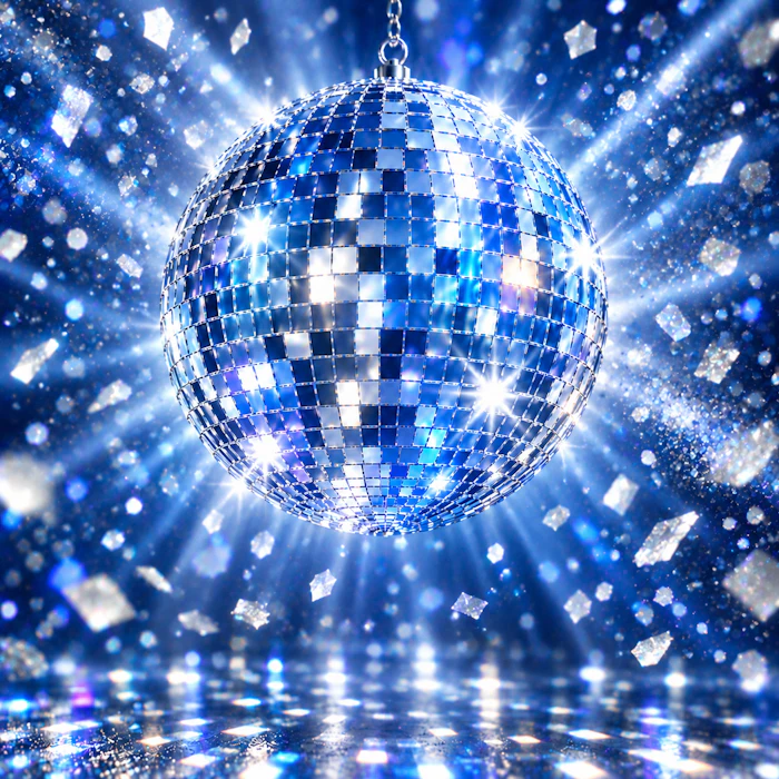 Glowing blue and silver disco ball with radiating light and sparkles on blue background